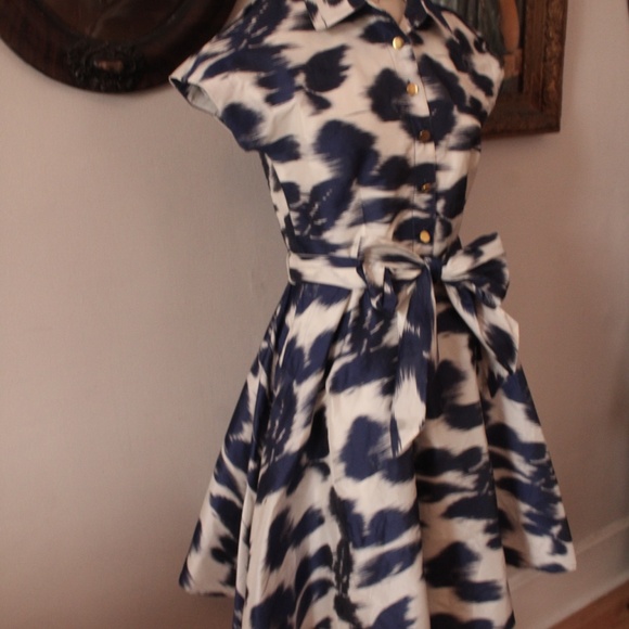 Sara Campbell 50's Style Blue and White Button Front Dress with Waist Tie - Picture 2 of 7